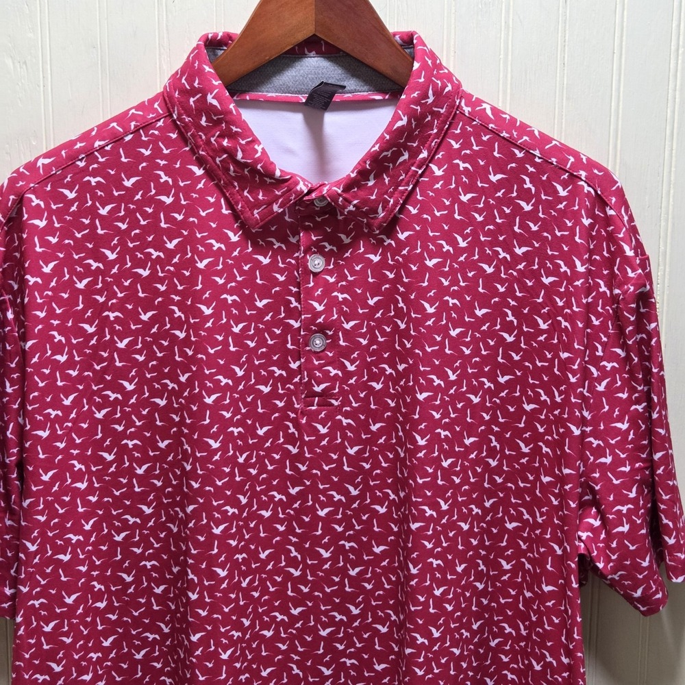 AndersonOrd Polo Shirt Mens XL Red Bird Print Stretch Golf Performance Knit Top